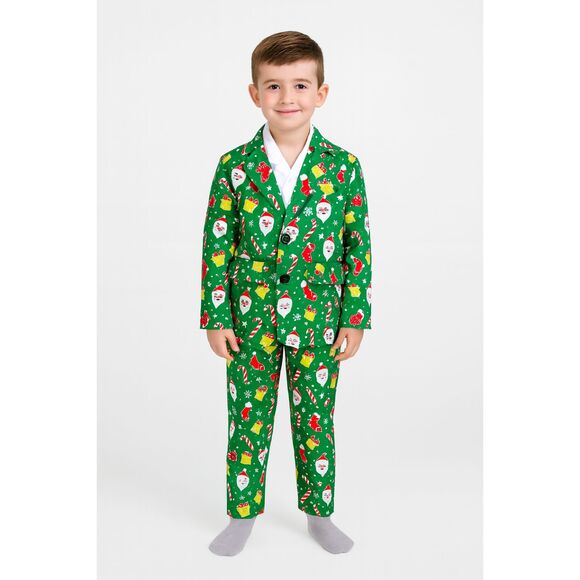 Boys M 8/10 Green Christmas Santa Print 2-Piece Holiday Suit Jacket & Pants - Picture 1 of 11